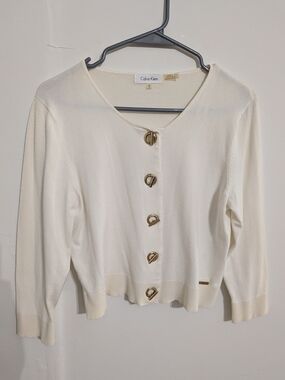 Calvin Klein Off White Cropped Cardigan with Gold Toggle Buttons